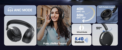 Acer OHR516 ANC Wireless Headphones Noise Cancelling Hi-Res Bluetooth Headset with 40mm Driver, Spatial Audio Over Ear Headphones with Mic