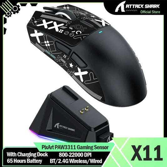 ATTACK SHARK X11 Wireless Gaming Mouse with Charging Dock, PixArt PAW3311 Gaming Sensor, BT/2.4G Wireless/Wired