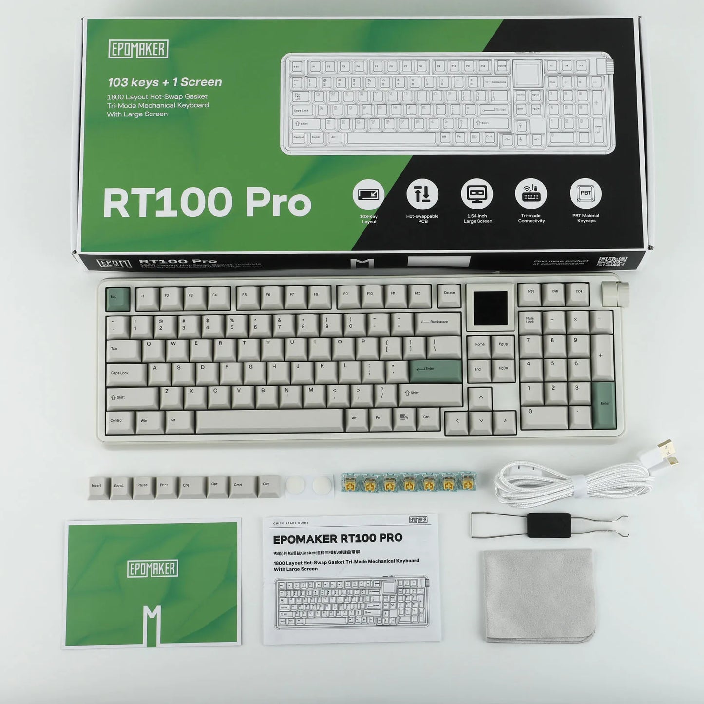 EPOMAKER RT100 PRO 100% ANSI US Layout Gasket Wired/Bluetooth/2.4Ghz Wireless Mechanical Keyboard 1.54” Screen & Volume Knob