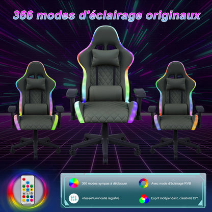 Rosahqnda Gaming Chair with Massage Function, LED Lights, Ergonomic Gaming Chair, Adjustable Reclining Computer Chair with Lumbar Support, Headrest & 150KG Capacity