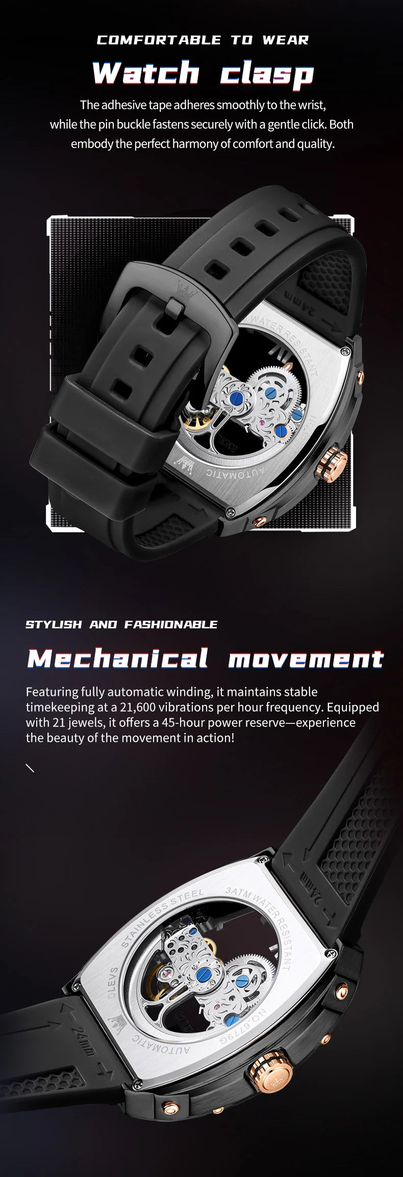 OLEVS 6779 Mens Watch Skeleton Mechanical Watch Fashion Business Sport Waterproof Luminous Silicone Strap Watches For Men