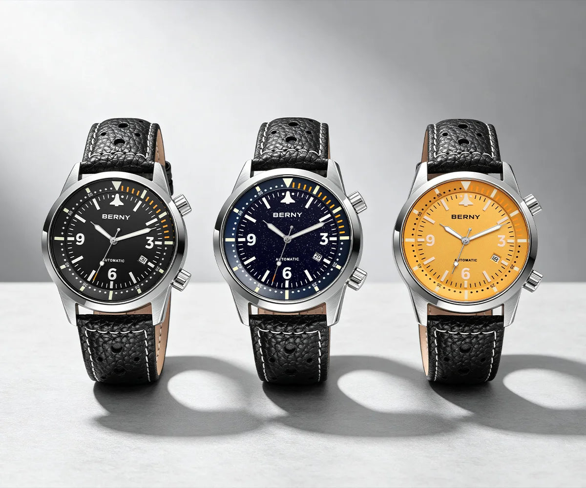 BERNY Men's Automatic Diver Watch Supper Luminous Sapphire AR Coated MlYOTA 8215 Leather Strap Mechanical Diving Watches for Men