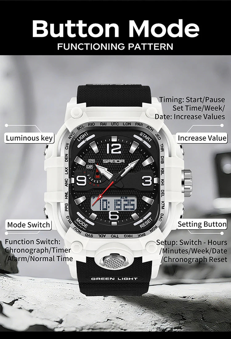 SANDA 6310 Men's Electronic Watch Multifunctional Luminous Alarm Clock Calendar Stopwatch Dual Display Digital Watches for Man