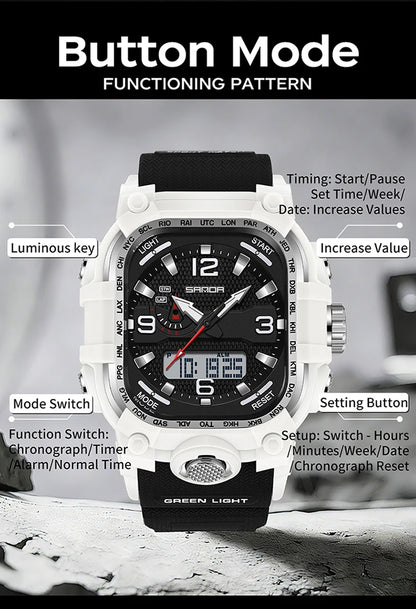 SANDA 6310 Men's Electronic Watch Multifunctional Luminous Alarm Clock Calendar Stopwatch Dual Display Digital Watches for Man