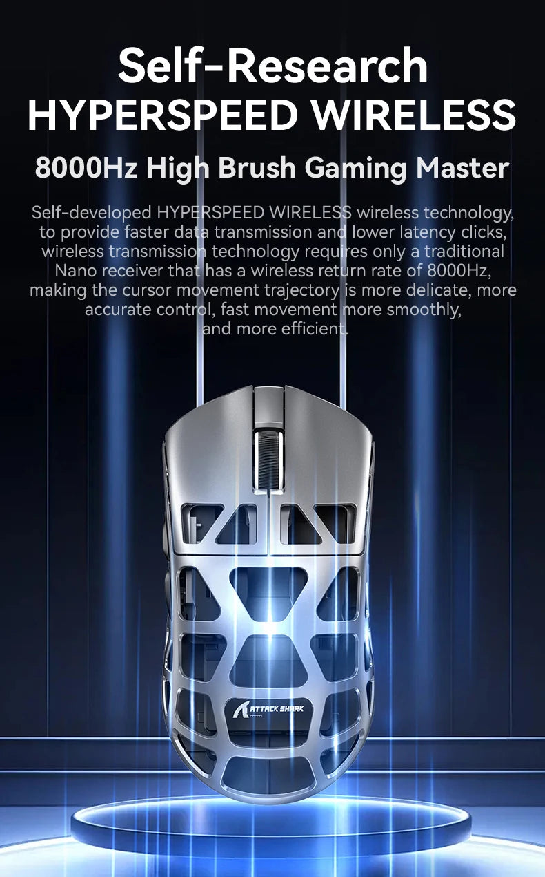ATTACK SHARK R3 gamer egér magnéziumötvözet méhsejtmintás házzal, ultrakönnyű, 8K Hz, PAW3395 érzékelő, 26000 DPI, ergonomikus kialakítás