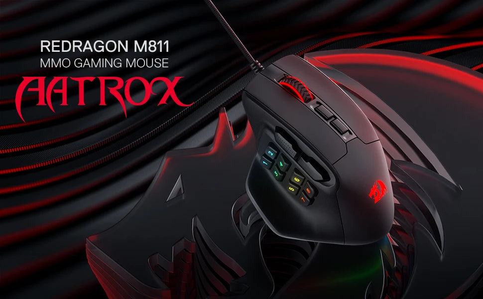 Redragon M811 Aatrox MMO геймърска мишка, кабелна RGB мишка за геймъри с 15 програмируеми бутона и ергономична конструкция за естествен захват