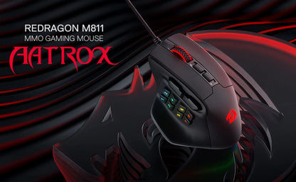 Redragon M811 Aatrox MMO геймърска мишка, кабелна RGB мишка за геймъри с 15 програмируеми бутона и ергономична конструкция за естествен захват