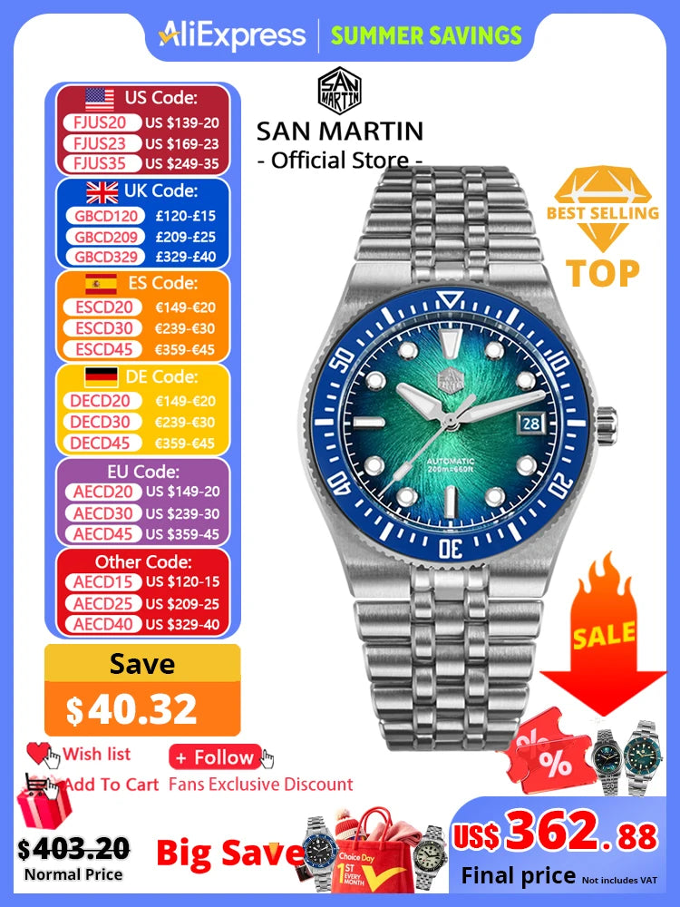 San Martin 40mm Enamel Spiral Dial Integrated Bracelet Men Diver Watch Miyota 9015 Automatic Mechanical Waterproof 200m SN0148