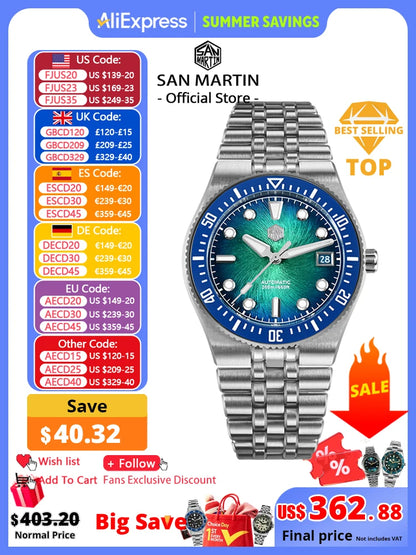 San Martin 40mm Enamel Spiral Dial Integrated Bracelet Men Diver Watch Miyota 9015 Automatic Mechanical Waterproof 200m SN0148
