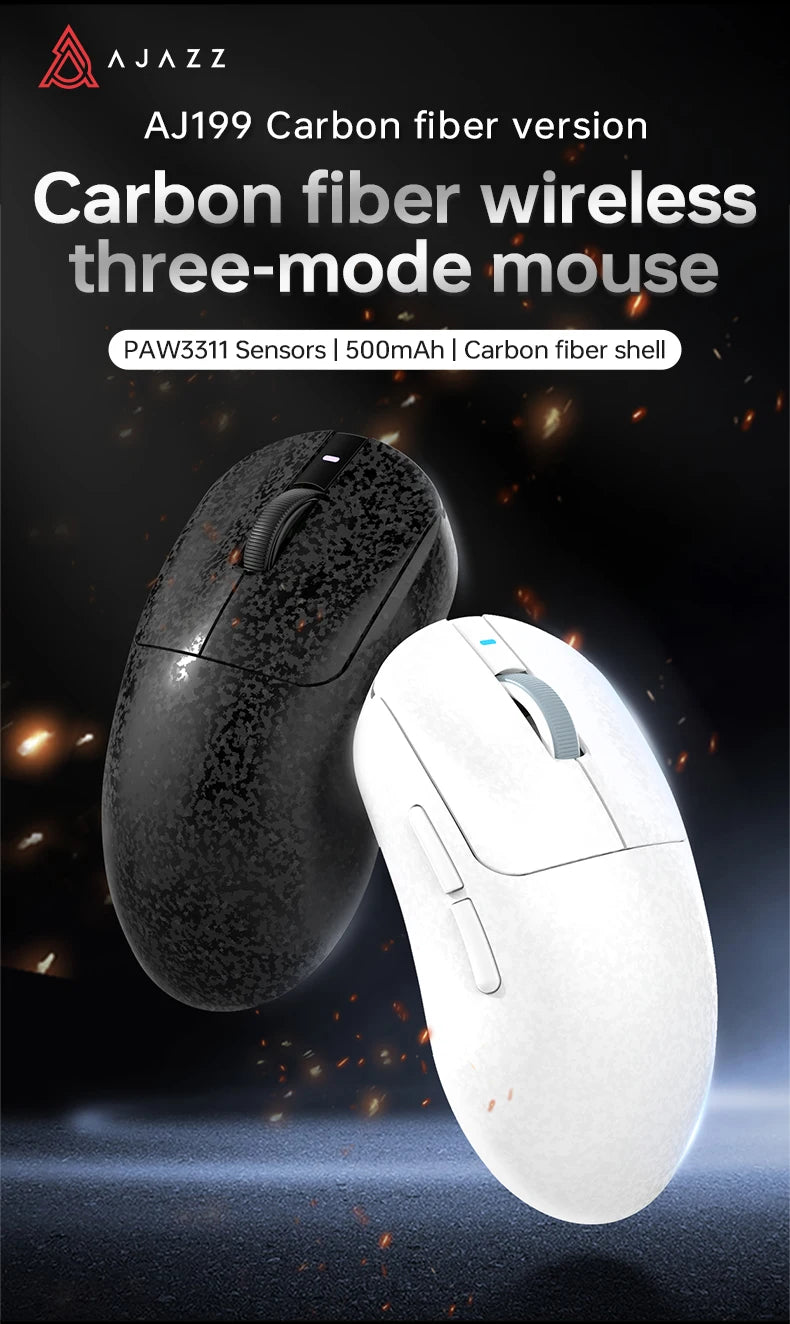 Rato Gaming Sem Fios AJAZZ AJ199 PAW3311 24000DPI Leve Bluetooth/Com Fios em Fibra de Carbono para PC Portátil Gamer