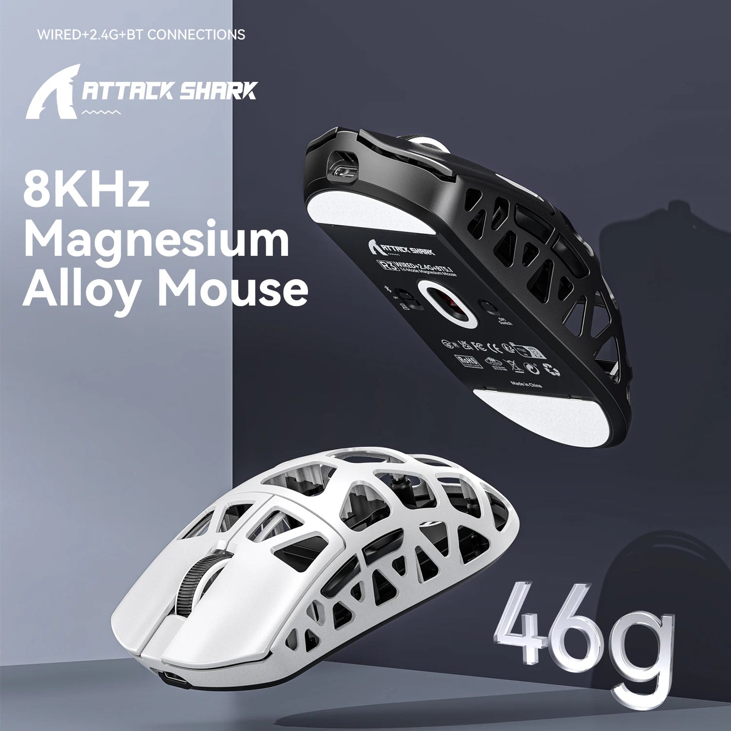 ATTACK SHARK R3 gamer egér magnéziumötvözet méhsejtmintás házzal, ultrakönnyű, 8K Hz, PAW3395 érzékelő, 26000 DPI, ergonomikus kialakítás