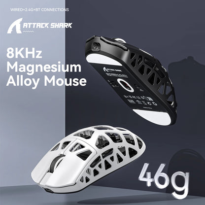 ATTACK SHARK R3 gamer egér magnéziumötvözet méhsejtmintás házzal, ultrakönnyű, 8K Hz, PAW3395 érzékelő, 26000 DPI, ergonomikus kialakítás