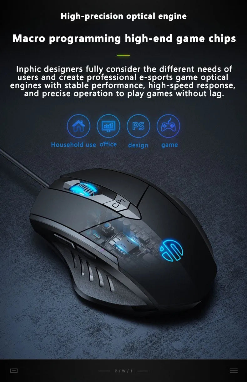 Káblová myš Inphic W1 Esports Gaming Mouse s programovateľnými makrami, nastaviteľným DPI a tichým chodom do kancelárie