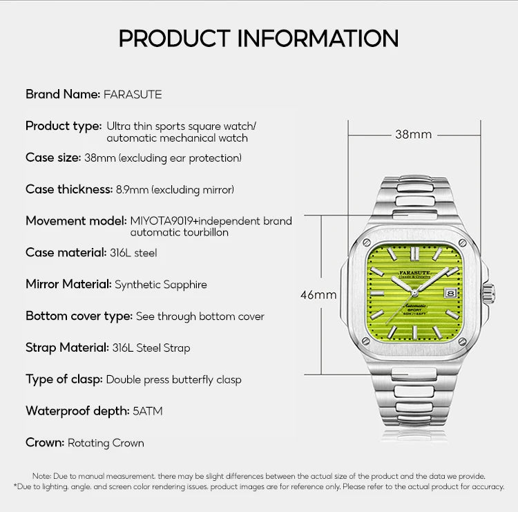 FARASUTE Automatic Mechanical Luxury Men's Watch Miyota9019 Movement Ultrathin 8.9mm Luminous 5ATM Waterproof Wristwatches Male