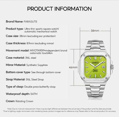 FARASUTE Automatic Mechanical Luxury Men's Watch Miyota9019 Movement Ultrathin 8.9mm Luminous 5ATM Waterproof Wristwatches Male