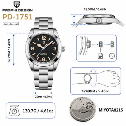 PAGANI DESIGN 2026 New 36MM Men Automatic Mechanical Watches Sapphire Stainless Steel AR Coating 20Bar Clock Watch for