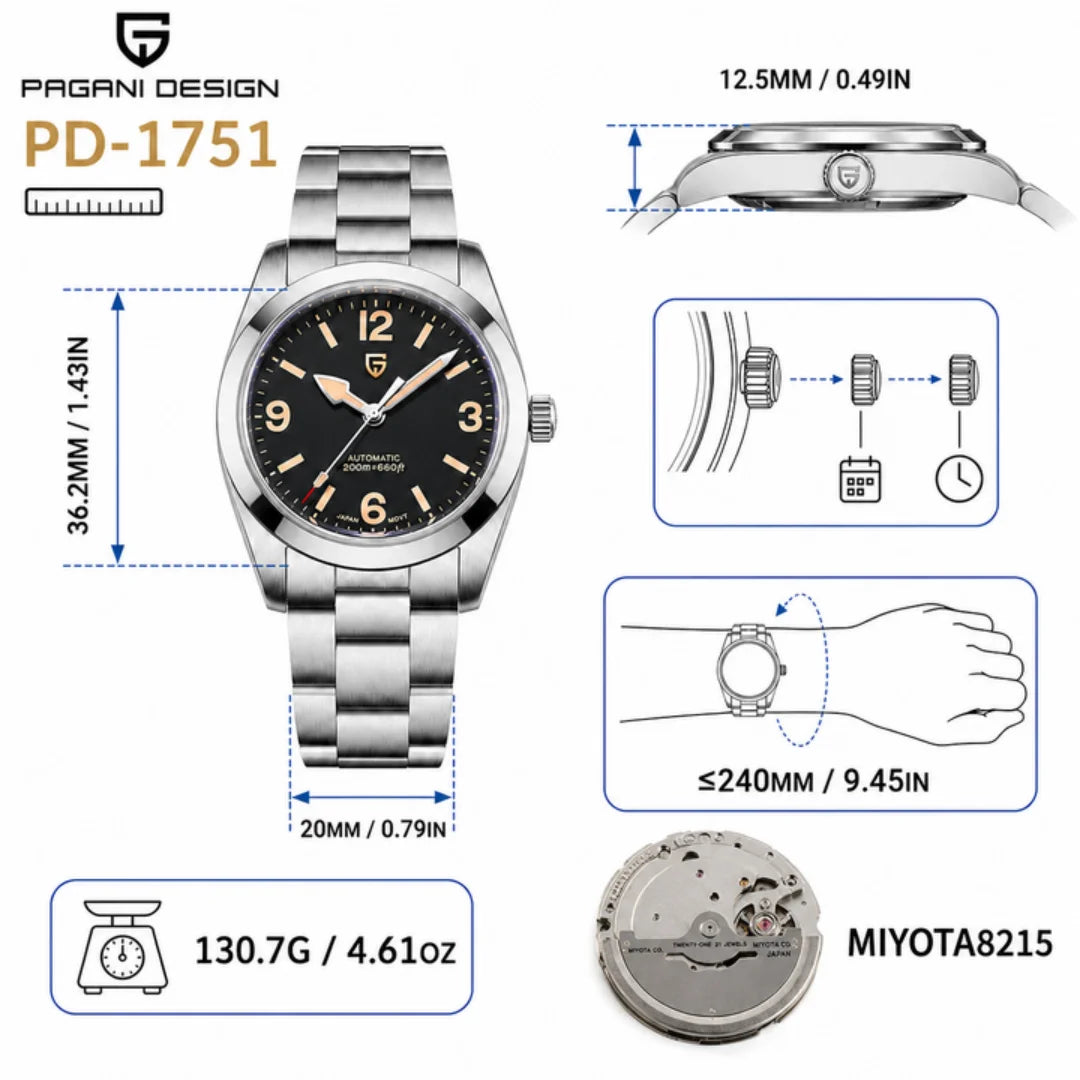 PAGANI DESIGN 2026 New 36MM Men Automatic Mechanical Watches Sapphire Stainless Steel AR Coating 20Bar Clock Watch for