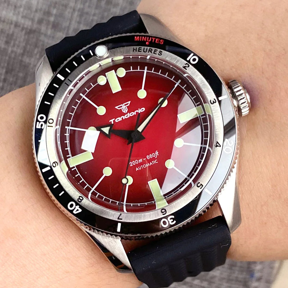 Tandorio Red Blue 40mm PT5000 Japan NH35A Mechanical Automatic Dive Men Watch 20ATM Waterproof Domed Sapphire Screw Crown Reloj