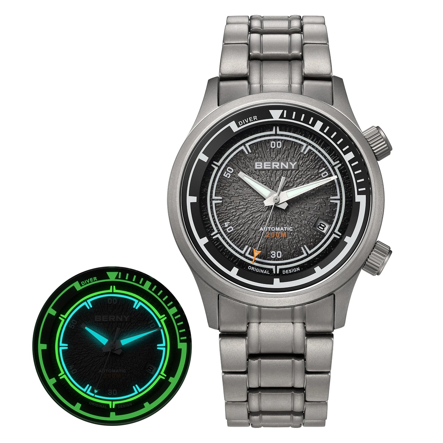 BERNY Automatic Diving Watches for Men Full Titanium Lightweight Super Luminous Mechanical Men's Diver Watch 20ATM Sapphire