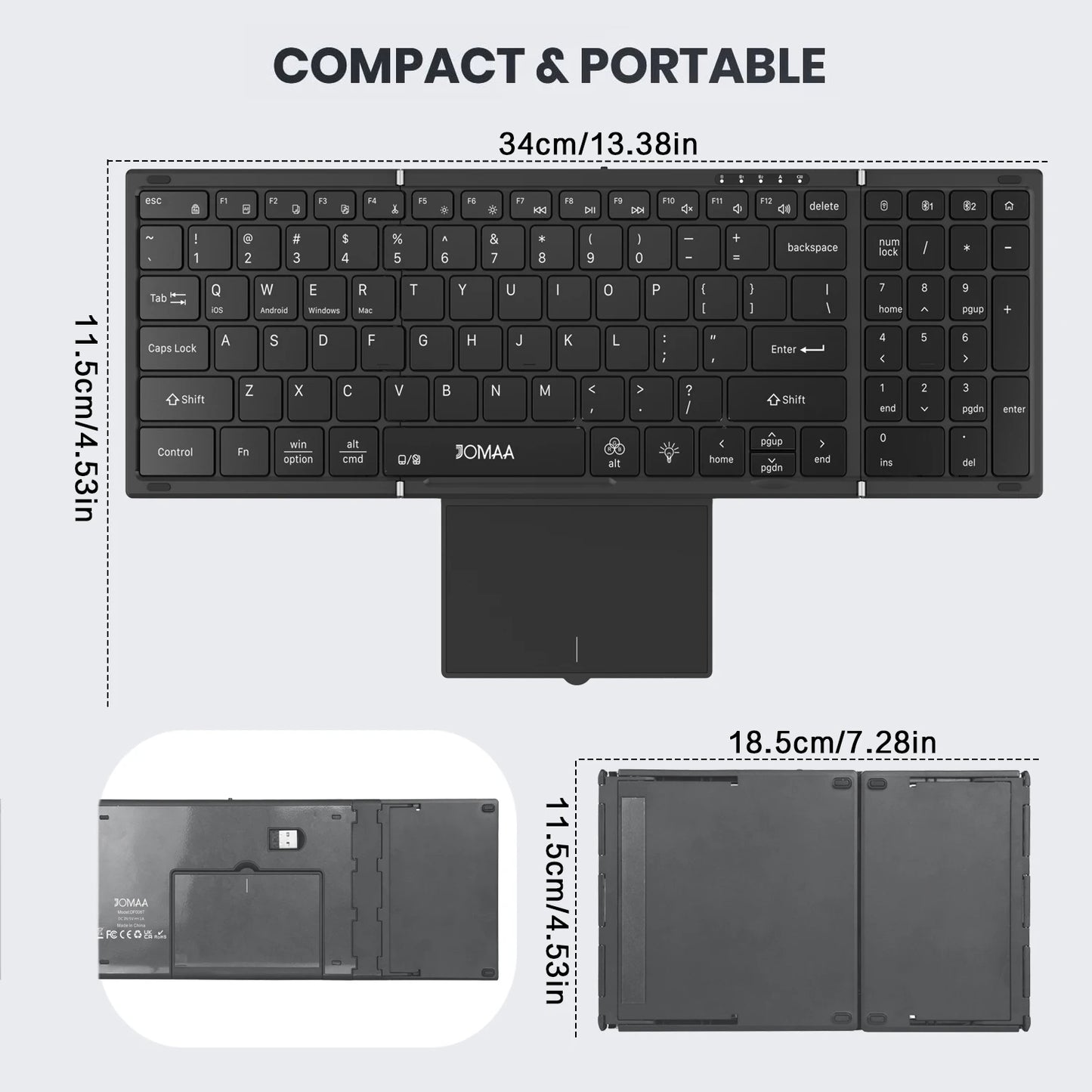 Tastiera touchpad wireless Bluetooth Dual Mode portatile con retroilluminazione RGB, 98 tasti, tastiera da ufficio pieghevole per PC/Laptop/Mac - Nero