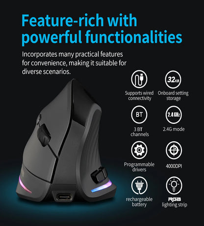 Mouse verticale wireless ricaricabile con display, ergonomico, 6 pulsanti programmabili, gaming per gamer desktop