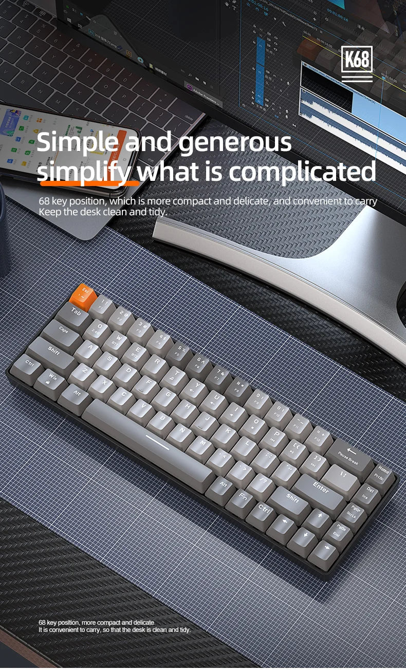 FREEWOLF K68 Mechanical Keyboard,Bluetooth Wireless,Blue and Red Switches,Hot-swswap,Small Size Mini Keyboard