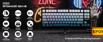 EPOMAKER G84 HE 75% ANSI US Layout Wired/BT/2.4Ghz Wireless Hall Effect Magnetic Mechanical Keyboard with DKS & SOCD Support