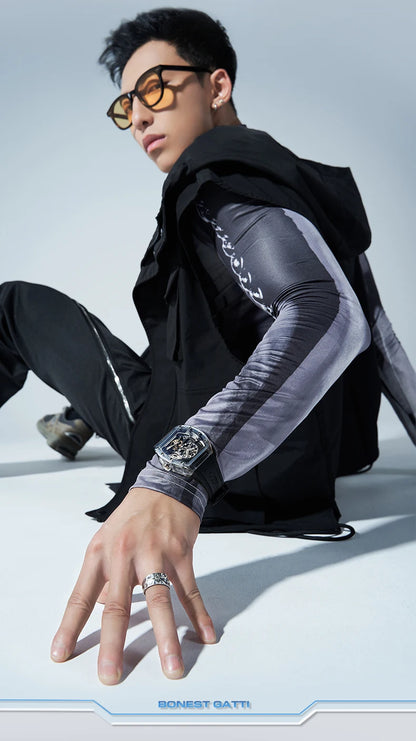 BONEST GATTI New Fully Automatic Men Watch Skeleton Mechanical Watch Rubber Black Band Luminous Barrel Shaped Men Watch