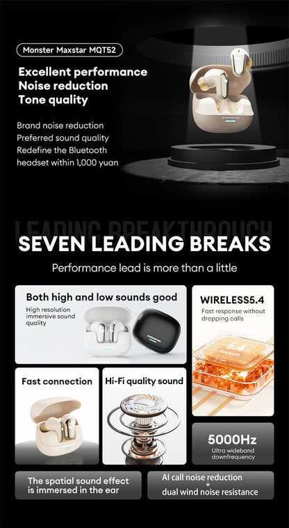 Monster MQT52 Bluetooth 5.4 Wireless Earphones Gaming Headphones with Mic, HiFi Stereo Sound True Wireless Earbuds, Low Latency Bluetooth 5.4 Earphones with 24H Battery Life