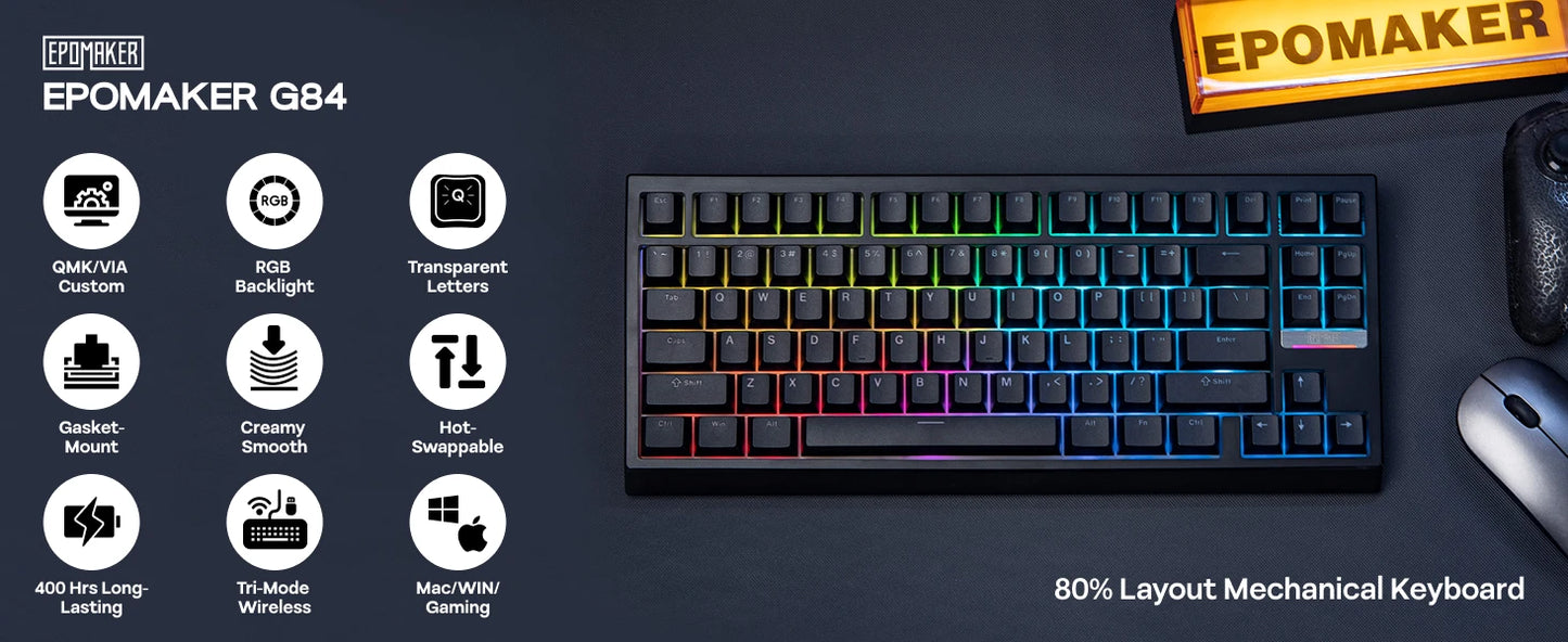 EPOMAKER G84 VIA 80% Layout Hot-Swap Gasket-Mounted Wired/2.4GHz/Bluetooth Wireless Mechanical Keyboard with RGB Backlight