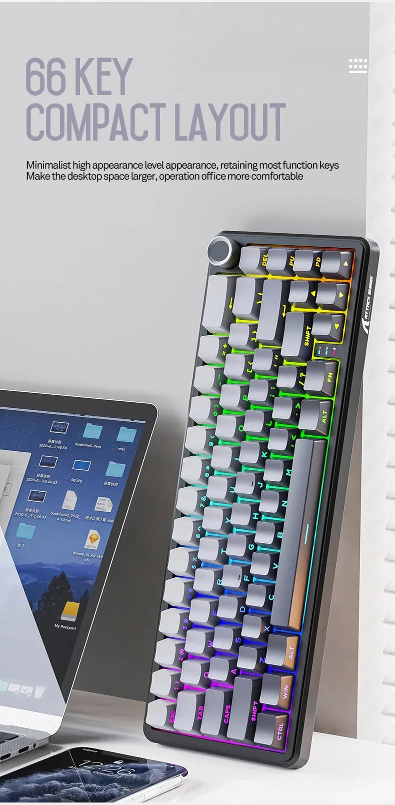 Attack Shark X66 Wireless Mechanical Keyboard 65% Compact Layout RGB Backlight Gasket Hot Swap Bluetooth USB-C PBT Large battery