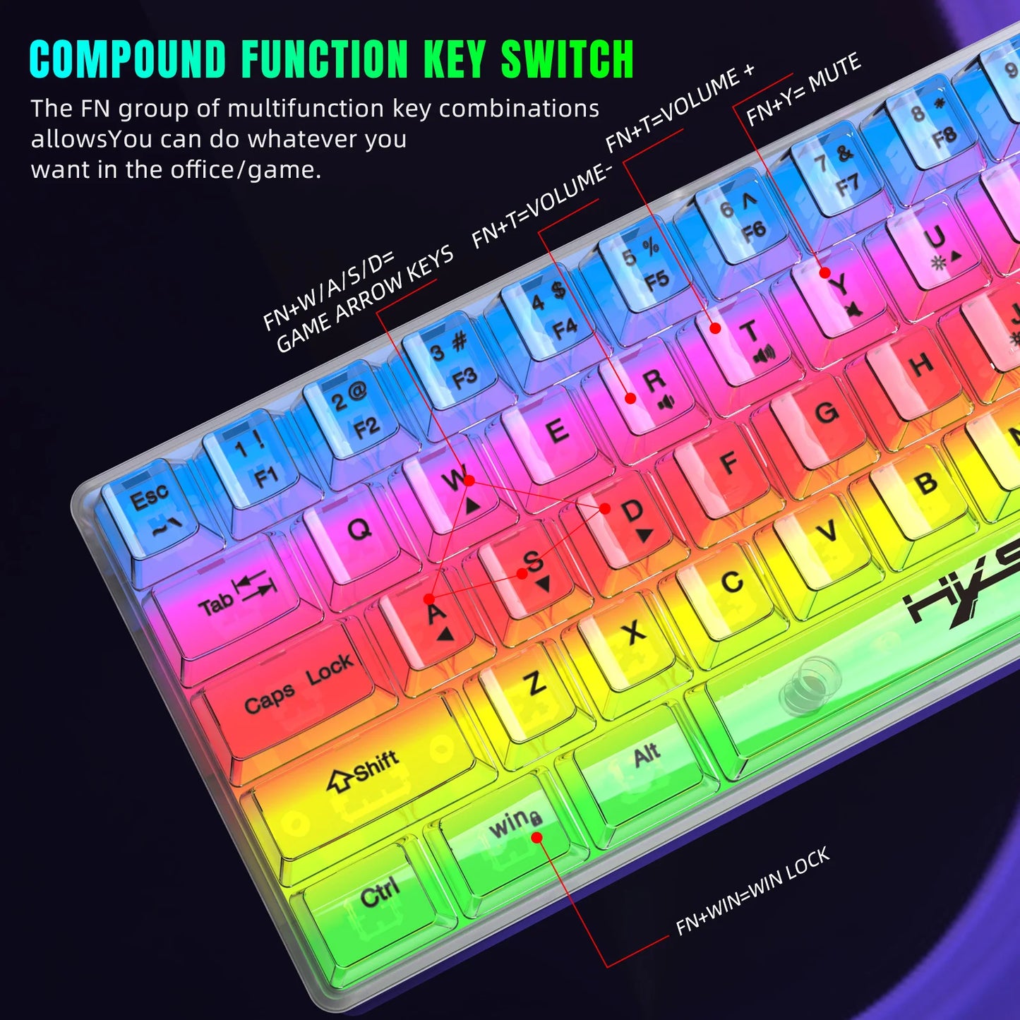 HXSJ V700 60% Wired Transparent Gaming Keyboard, RGB Backlit 61 Keys Compact USB Gaming Keyboard for PC, Mac & Laptop