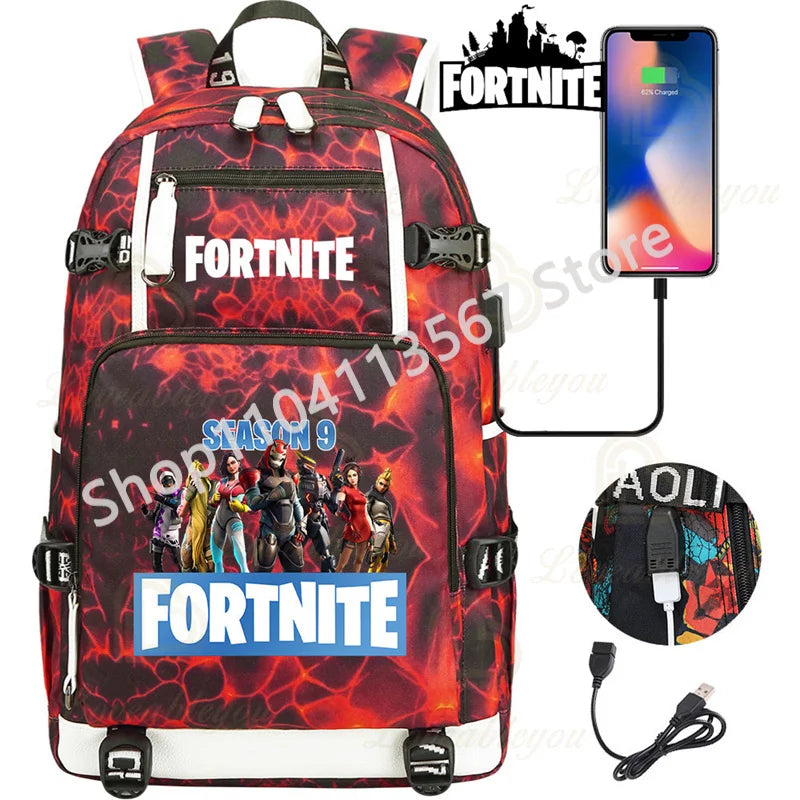 Ultima Knight F-Fortnited Battle Royale Backpack with USB Charging Anime Figures Study Stationery Compartment for Students