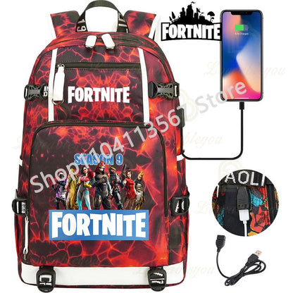 Ultima Knight F-Fortnited Battle Royale Backpack with USB Charging Anime Figures Study Stationery Compartment for Students