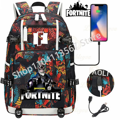 Ultima Knight F-Fortnited Battle Royale Backpack with USB Charging Anime Figures Study Stationery Compartment for Students