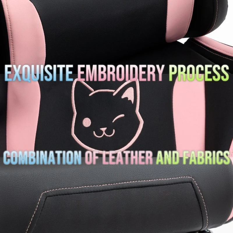 Cute Gaming Chair with Cat Ears, Pink Kawaii Ergonomic Gamer Chair with Footrest, Cat Paw Lumbar Support, High Back Computer Gaming Chair