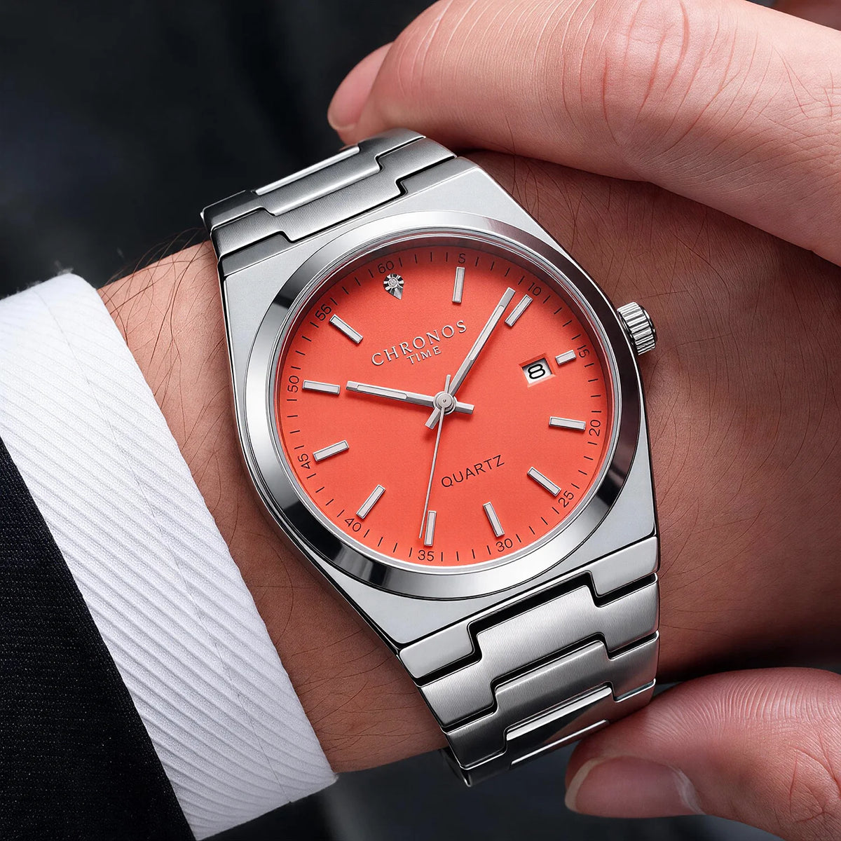 Ceas cu cuarț pentru bărbați CHRONOS – Brățară din oțel inoxidabil, rezistent la apă, ace luminescente, afișaj al datei – Ideal pentru serviciu, sport sau în viața de zi cu zi