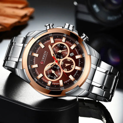 CURREN Chronographenuhr für Herren, großes Zifferblatt (48 mm), Edelstahlarmband, drei Hilfszifferblätter, Quarz-Sportarmbanduhr, luxuriöser Stil