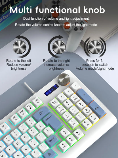 93 Keys Wired Gaming Keyboard with RGB Backlight Multi-Function Knob Color Matching Mechanical Feel Keyboard for PC Laptop Gamer