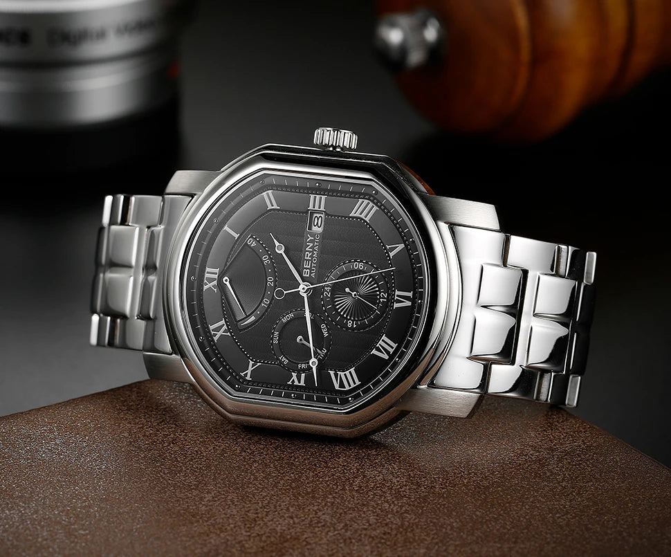 BERNY Men's Mechanical Watch, Top Accuracy, Automatic Wristwatch, Luxury Male Clock, Sapphire, Self-Winding, Waterproof