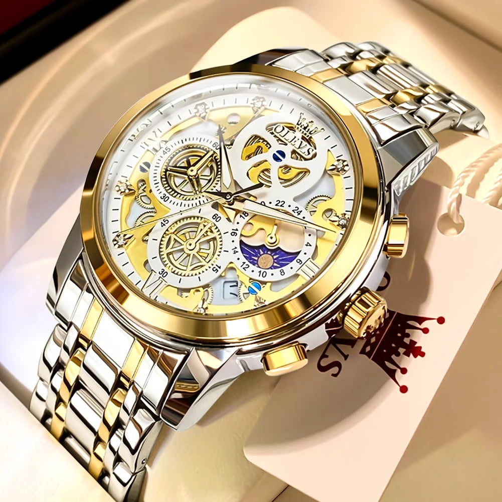 OLEVS herenhorloge – Luxe model, waterdicht, quartz, skeletstijl, 24-uursweergave (dag/nacht), goudkleurig
