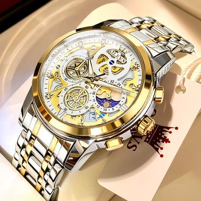 OLEVS herenhorloge – Luxe model, waterdicht, quartz, skeletstijl, 24-uursweergave (dag/nacht), goudkleurig
