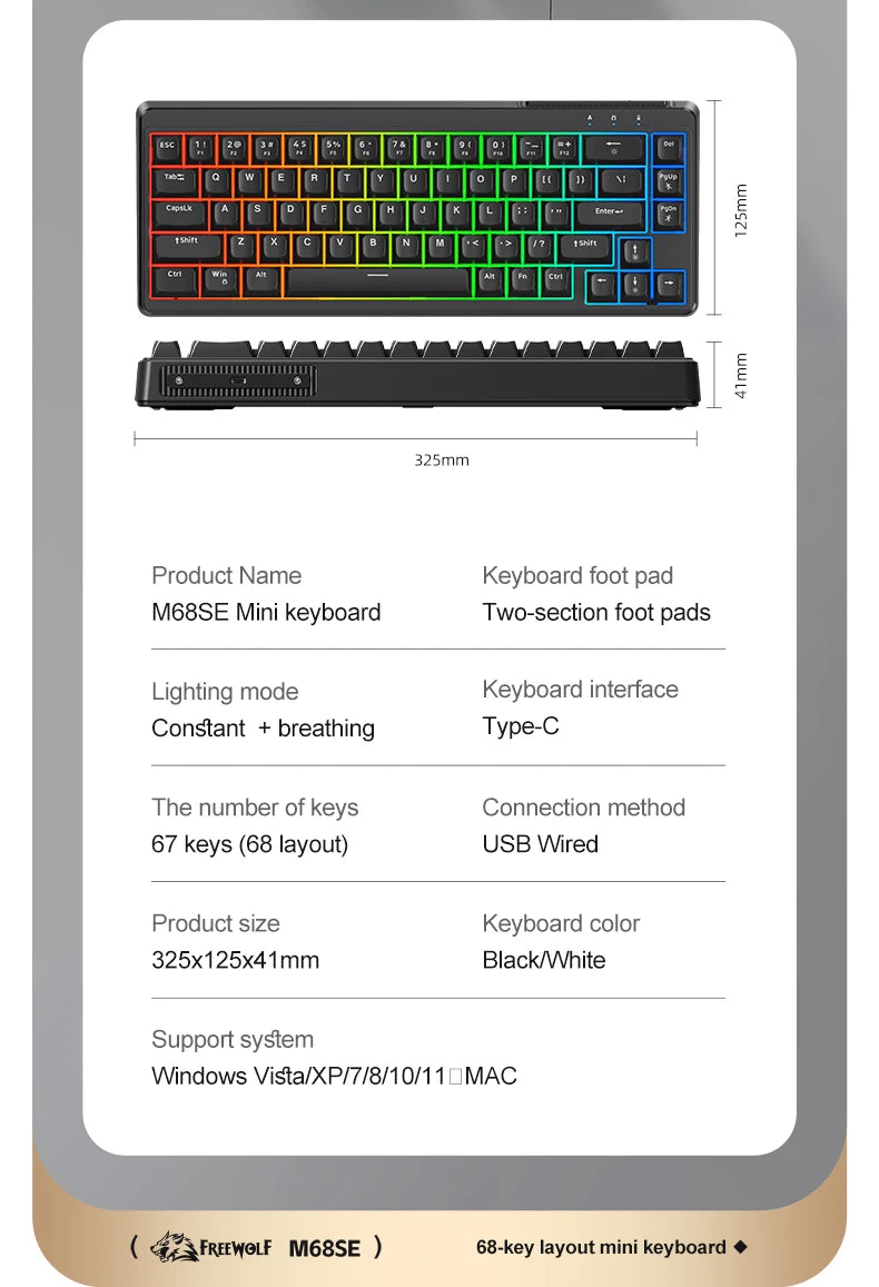FREEWOLF M68SE Mechanical Feel Keyboard 68 Keys Mini Wired Compact Keyboard Silent for Laptops,Gaming and Office Use