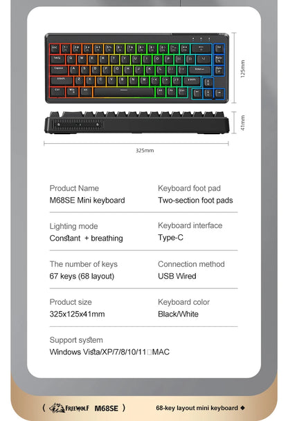FREEWOLF M68SE Mechanical Feel Keyboard 68 Keys Mini Wired Compact Keyboard Silent for Laptops,Gaming and Office Use
