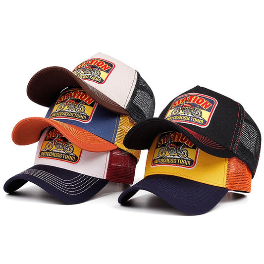 2025 New Truck Hat STATION Motorcycle Men's Street Skateboarding Hat Hip Hop Hat Women's Leisure Sunshade Baseball Hat Mesh Hat