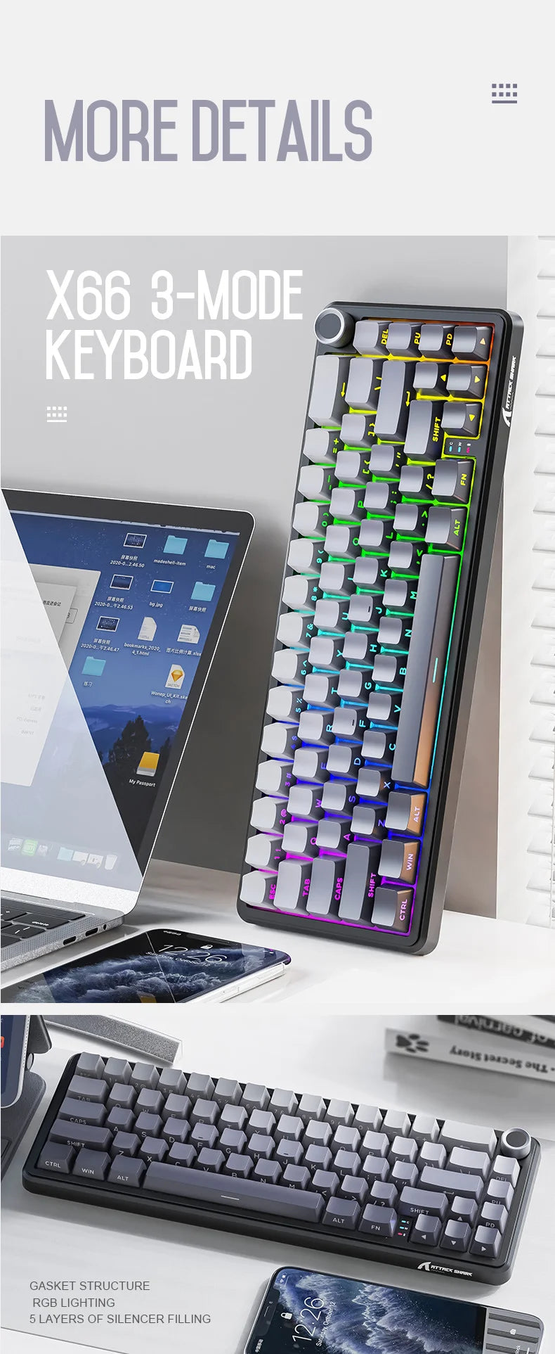 Attack Shark X66 Wireless Mechanical Keyboard 65% Compact Layout RGB Backlight Gasket Hot Swap Bluetooth USB-C PBT Large battery