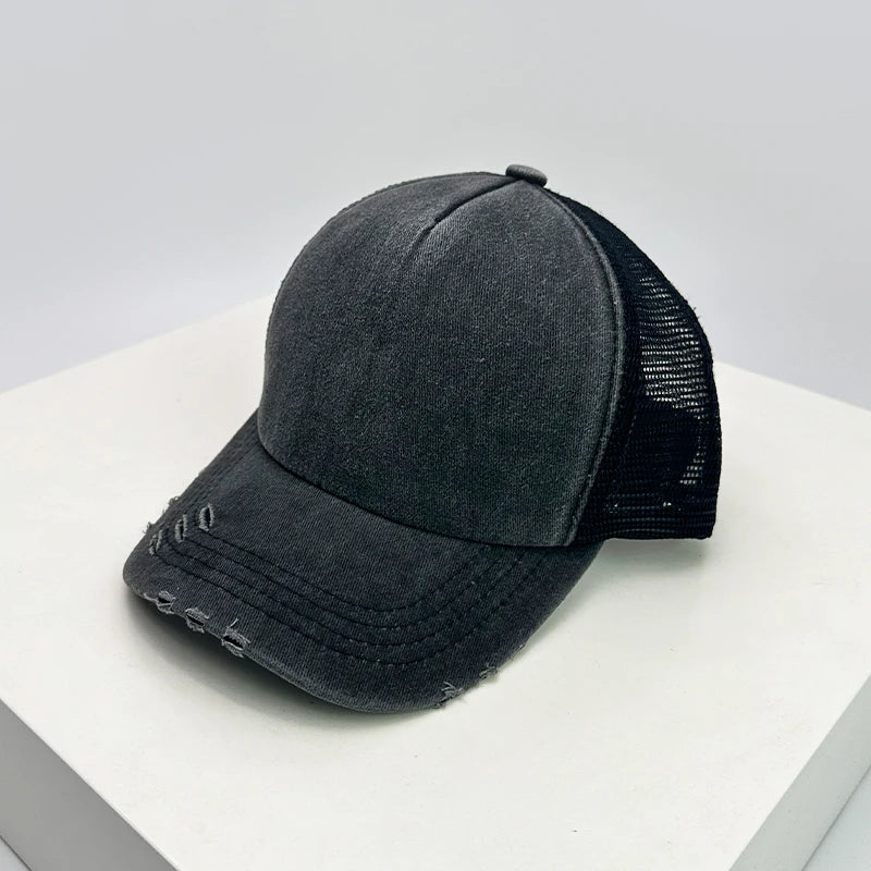 New Unisex Color Block Broken Style Baseball Hats Distress Breathable Mesh Sunshade Retro Trucker Caps Versatile Simple Fashion