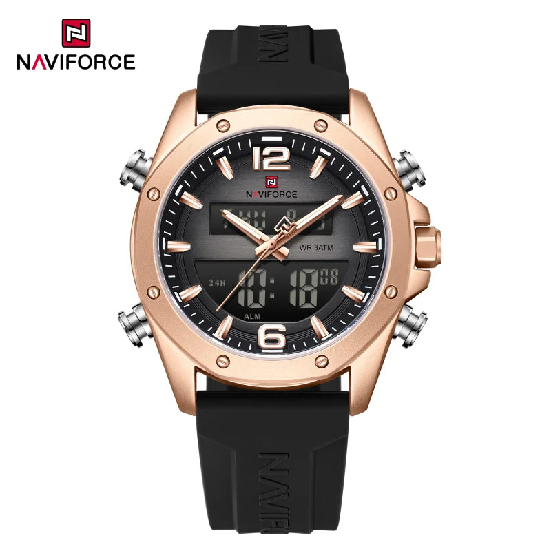 NAVIFORCE Men Quartz LCD Dual Display Watch With Silicone Strap 3ATM Waterproof Shockproof Night Light Round Case Sport Casual