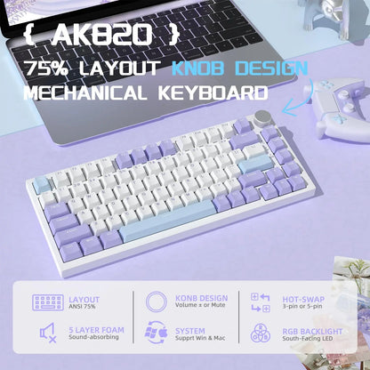 AJAZZ AK820 Wired Gaming Mechanical Keyboard RGB Backlight Hot-Swap Switches, 70% Compact Layout, PC/Mac Compatible