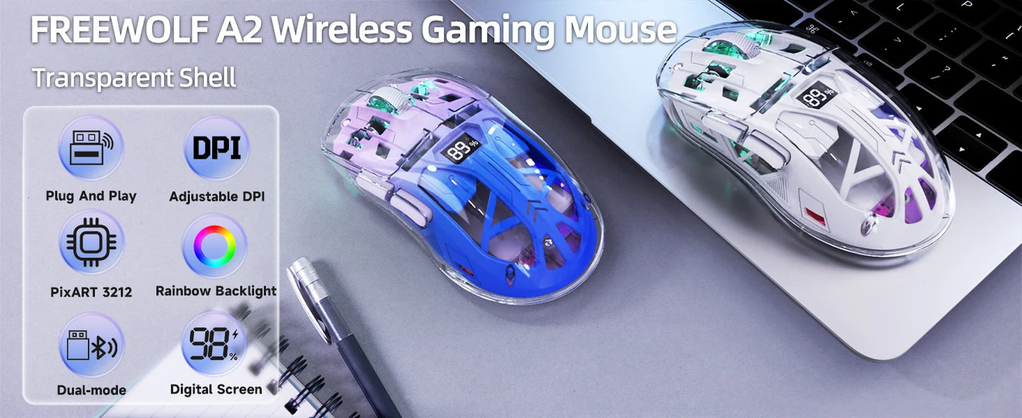 Mouse de gaming wireless transparent A2, BT 5.0/2.4G pentru PC, reîncărcabil, RGB, cu ecran digital, PixArt 3212, 5 niveluri DPI ajustabile